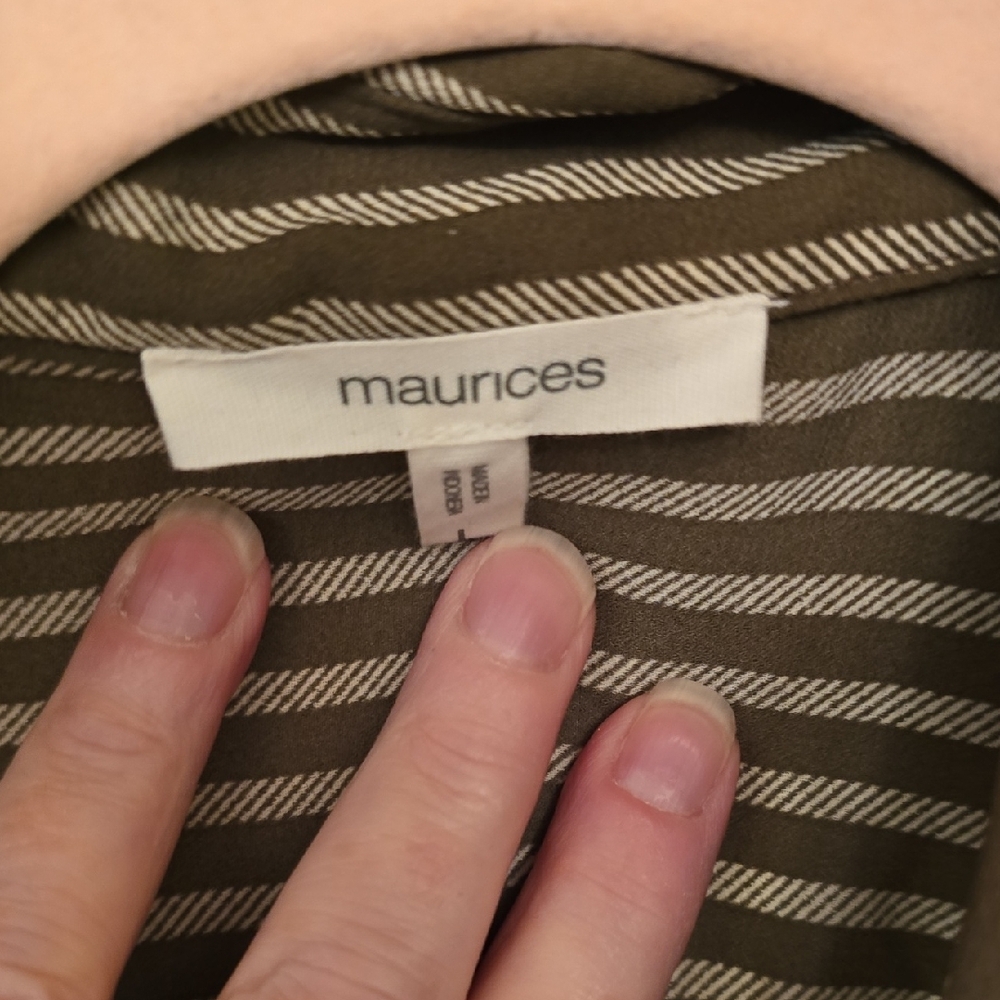 Olive Green and White Casual Button Down Shirt with Stripes - Picture 3 of 7
